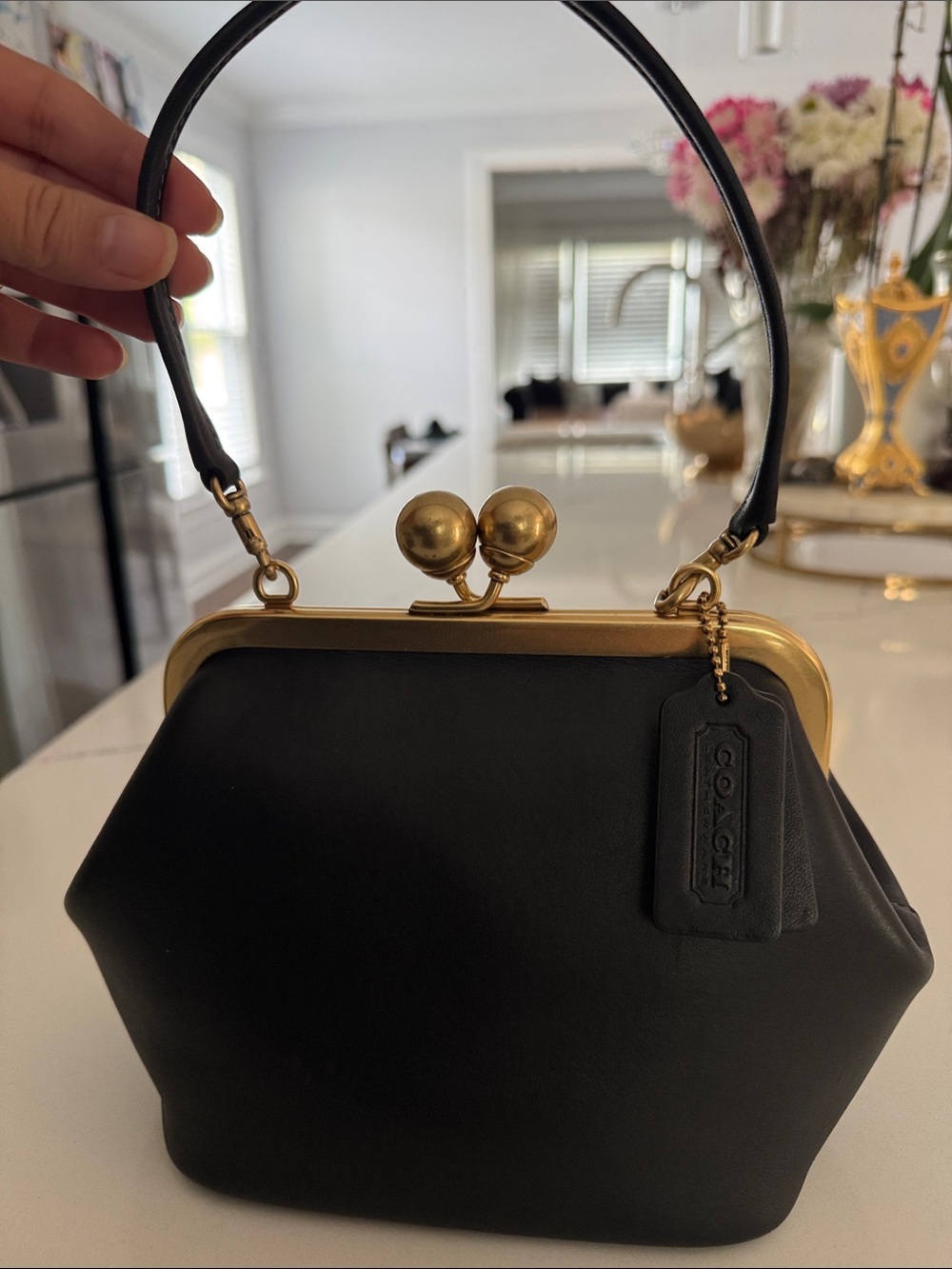 Coach Black Leather Kiss-Lock Wristlet with Gold Frame